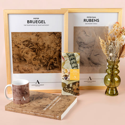 Bruegel to Ruben exhibition, Van Kessel Forget Me Nots Silk Habotai Scarf, Arrangement of Flowers Premium Print, gold earrings, ring, bracelet and Old Rose Arabesque Cup and plate 