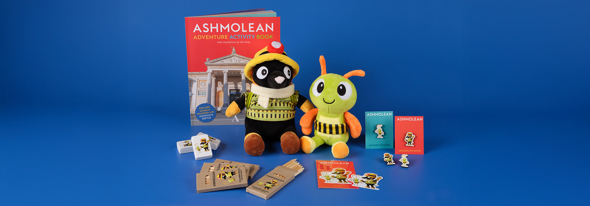 Ashmole and Beetle children's collection of cuddly toys, accessories, activity book and pencils