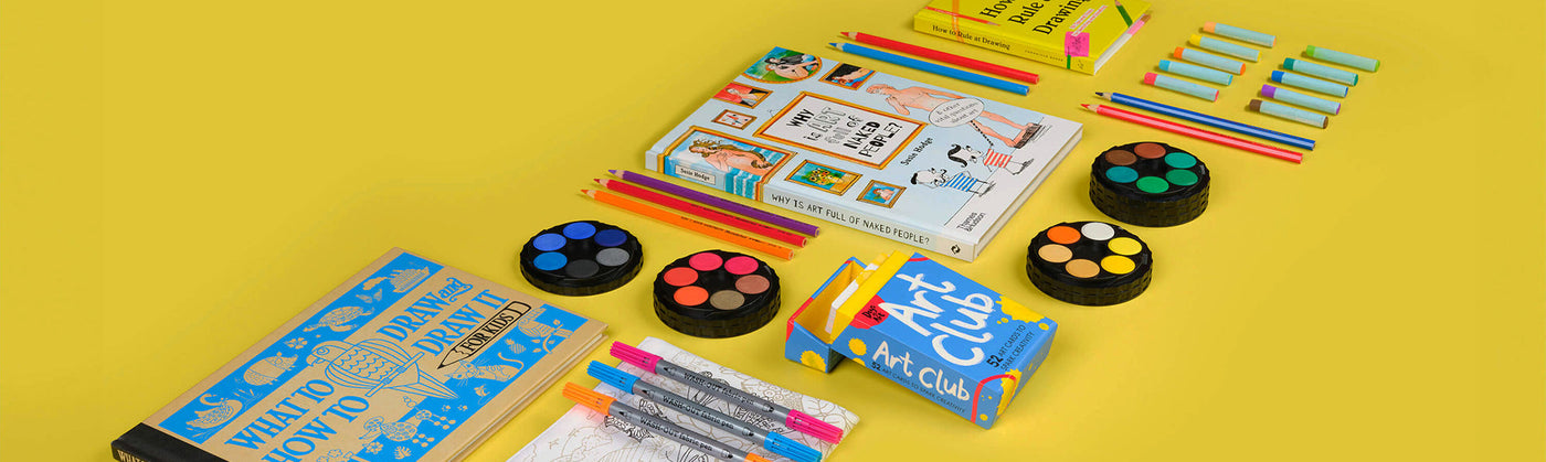 Yellow background, Childrens products laid out: How to draw Book Paints Art Clubs Cards to Spark Creativity, Why is Art Full of Naked People? & Other Vital Questions About Art Book 