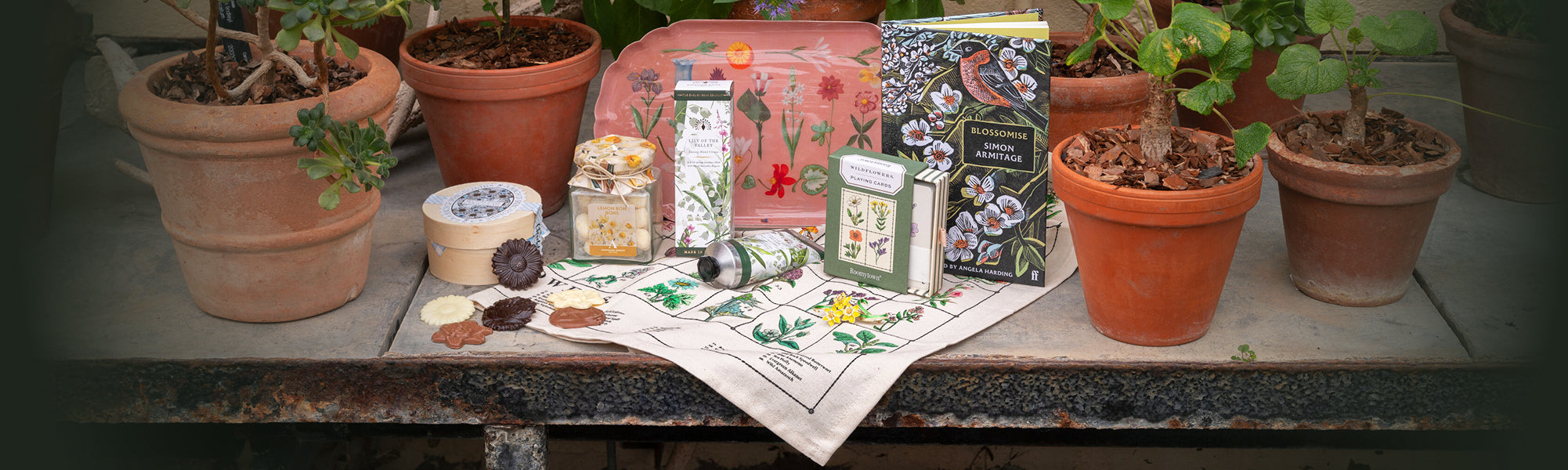 Collection of new Spring themed gifts. Botanical book, playing cards, tea towel and chocolate flowers surrounded by potted plants.
