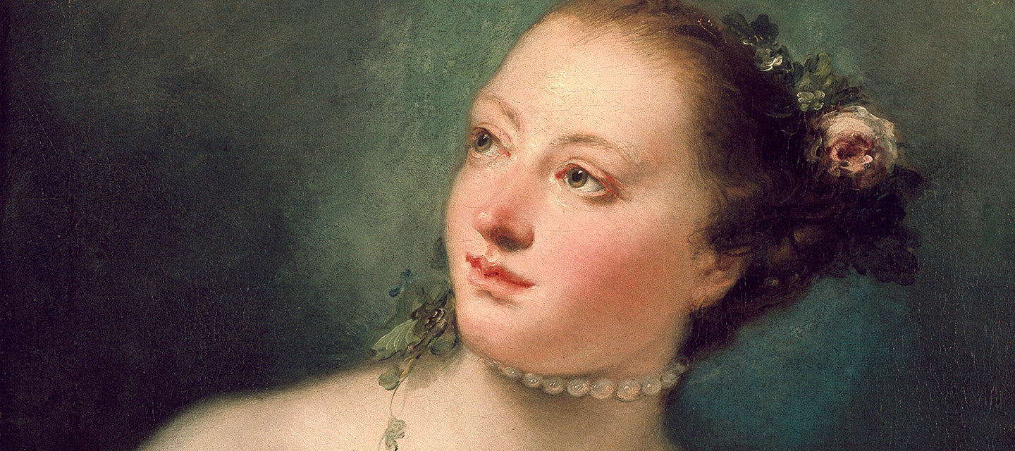 Detail of a painting of a young woman wearing a pearl necklace and a flower in her hair