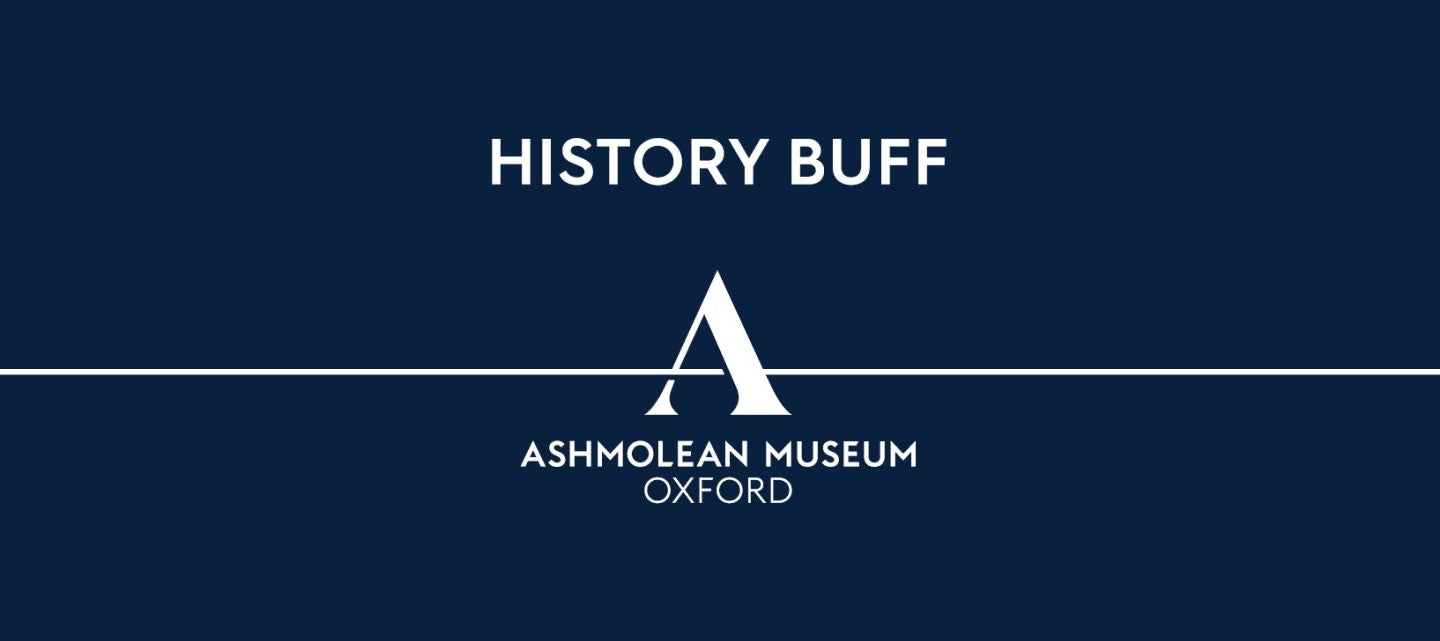 History Buff text in white against a dark blue background, with the Ashmolean Museum Oxford logo beneath it.
