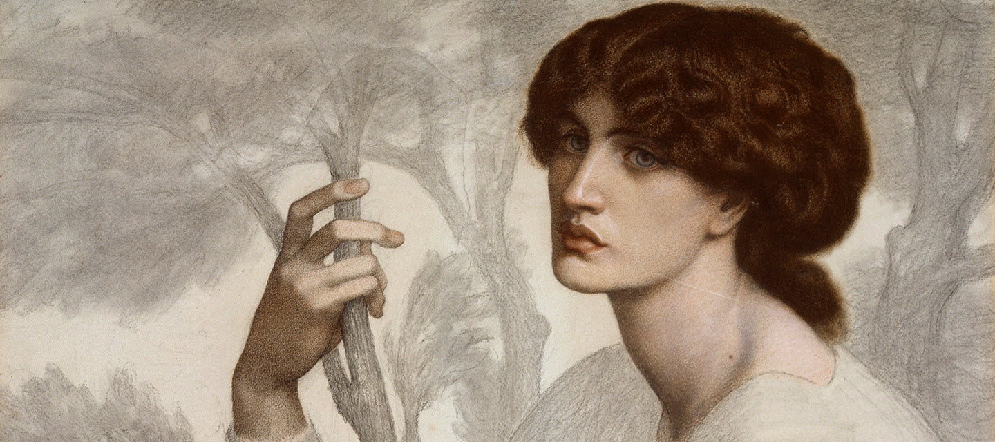 A cropped version of The Day Dream by Dante Gabriel Rossetti, in pastel and black chalk on tinted paper. This artwork is the lead image used in the Ashmolean's Pre Raphaelite exhibition shop collection. 