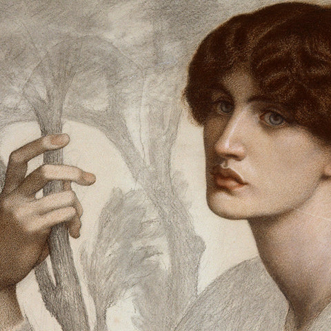 A cropped version of The Day Dream by Dante Gabriel Rossetti, in pastel and black chalk on tinted paper. This artwork is the lead image used in the Ashmolean's Pre Raphaelite exhibition shop collection. 