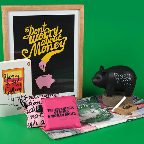 Don't worry about money Print, pink totes, book and piggy bank