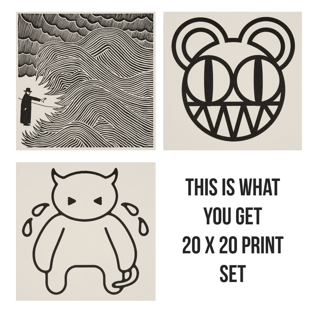 Set of three black and white prints with abstract designs on a beige background. 
