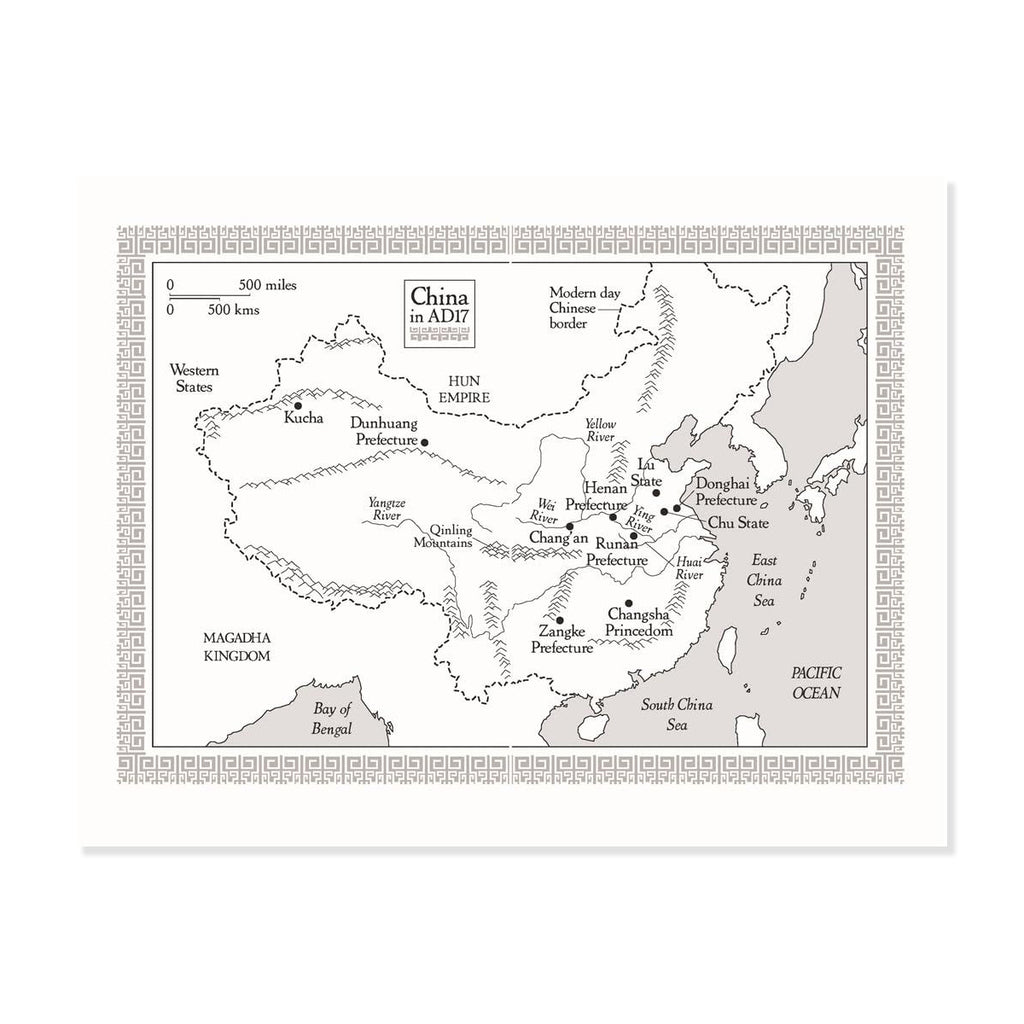 A book page insert spread showing a black and white educational map of China, titled 'China in AD57 BC' with historical region labels and a decorative border.