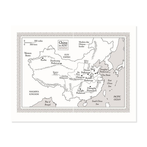 A book page insert spread showing a black and white educational map of China, titled 'China in AD57 BC' with historical region labels and a decorative border.