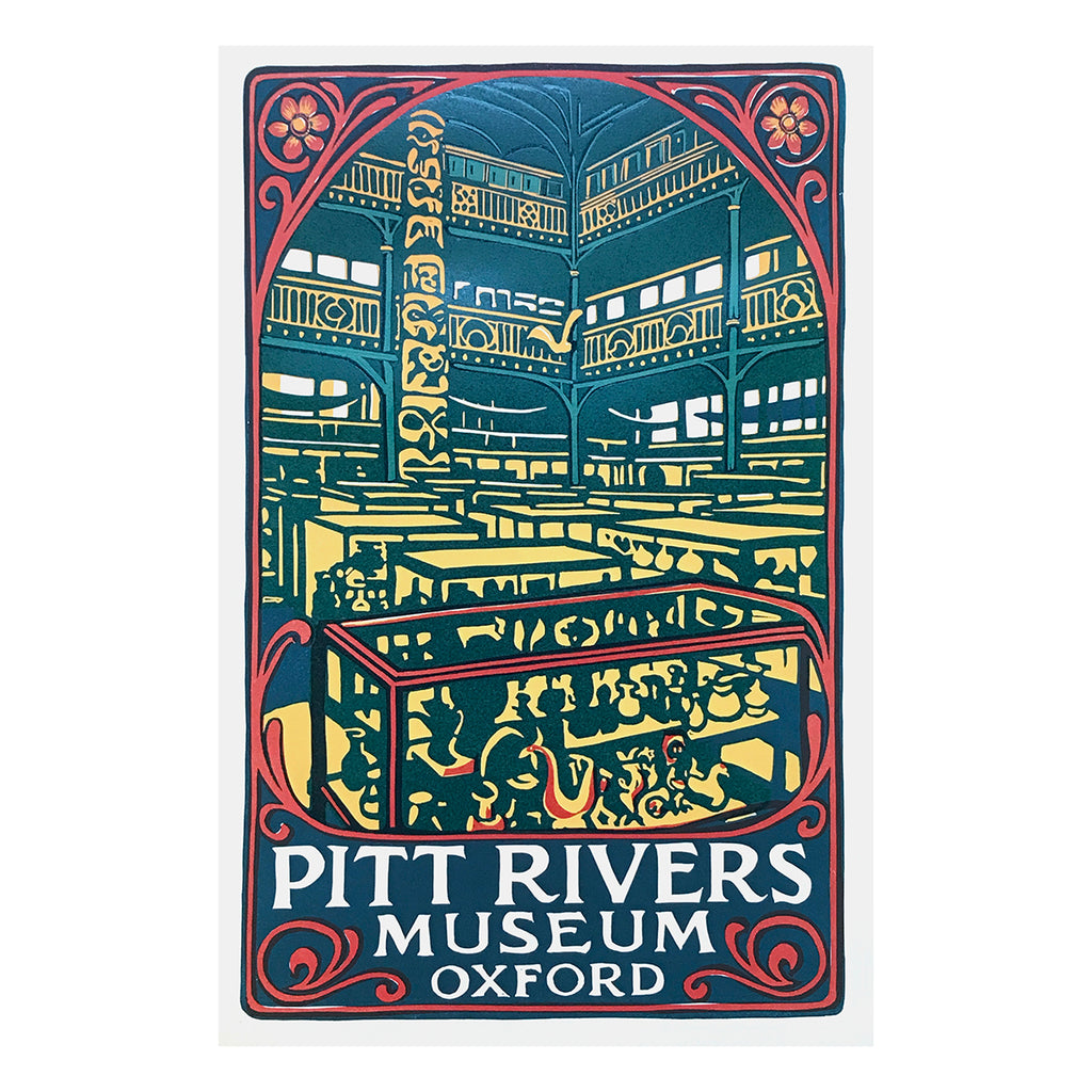 A3 Linocut Poster of Pitt Rivers Museum in Oxford with architectural design and colourful border.