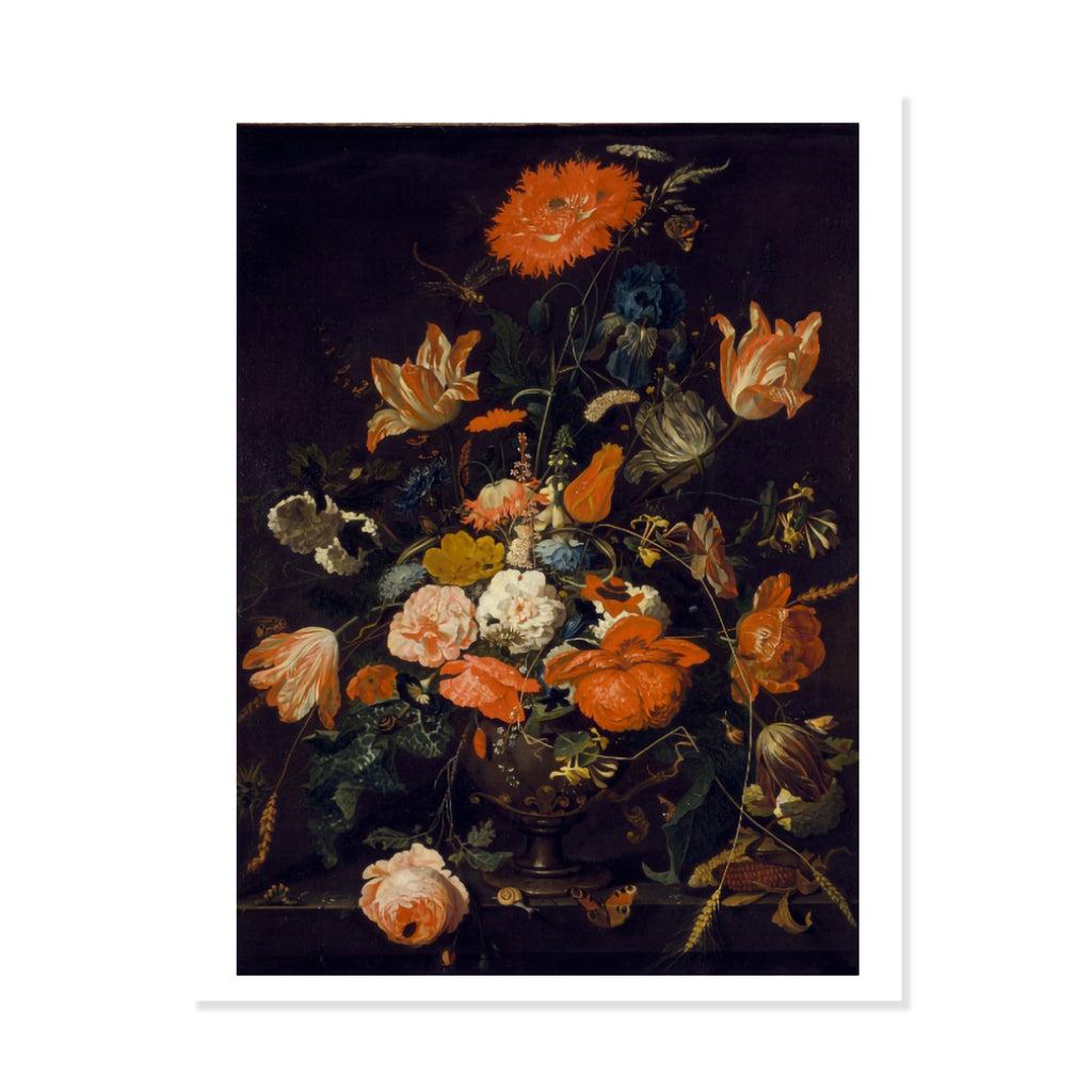 A3 artwork print of Dutch still life of flowers in a vase with insects by Abraham Mignon