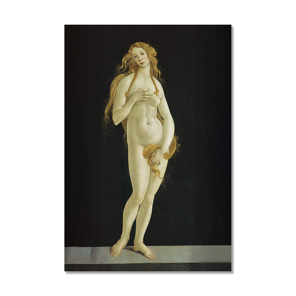 A vertical art print of a classical Botticelli painting depicting a nude goddess Venus with long wavy hair against a dark background, shown with a white border and drop shadow on a white background.
