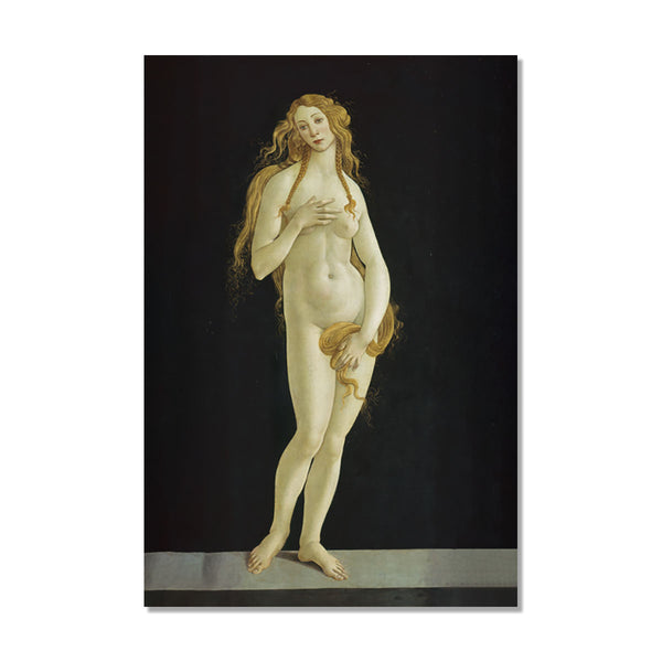 A vertical art print of a classical Botticelli painting depicting a nude goddess Venus with long wavy hair against a dark background, shown with a white border and drop shadow on a white background.