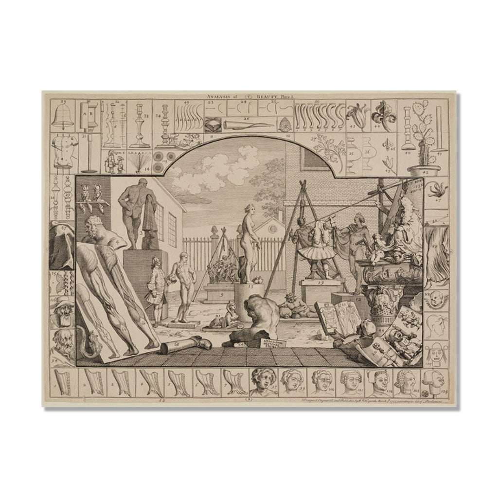 An antique-style art print featuring a detailed sepia-toned historical illustration with sculpture figures, architectural elements, and decorative border motifs, shown centred on a white background.