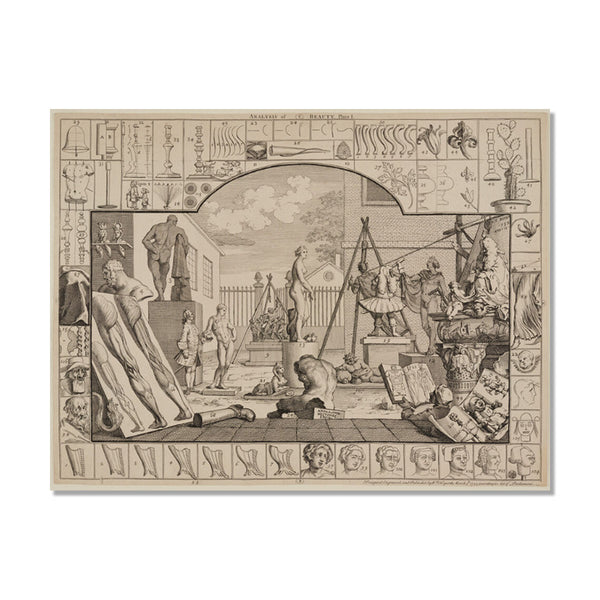 An antique-style art print featuring a detailed sepia-toned historical illustration with sculpture figures, architectural elements, and decorative border motifs, shown centred on a white background.