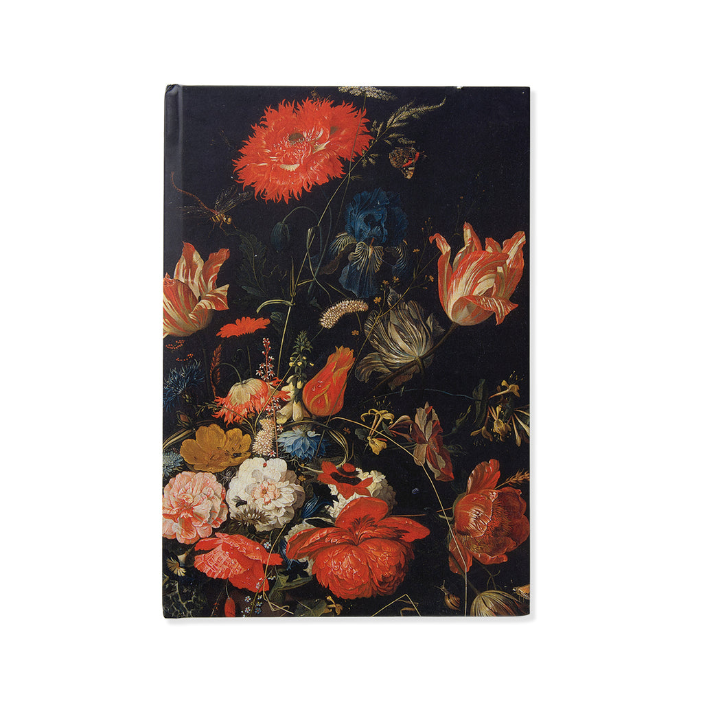Floral notebook cover with vibrant flowers on a black background