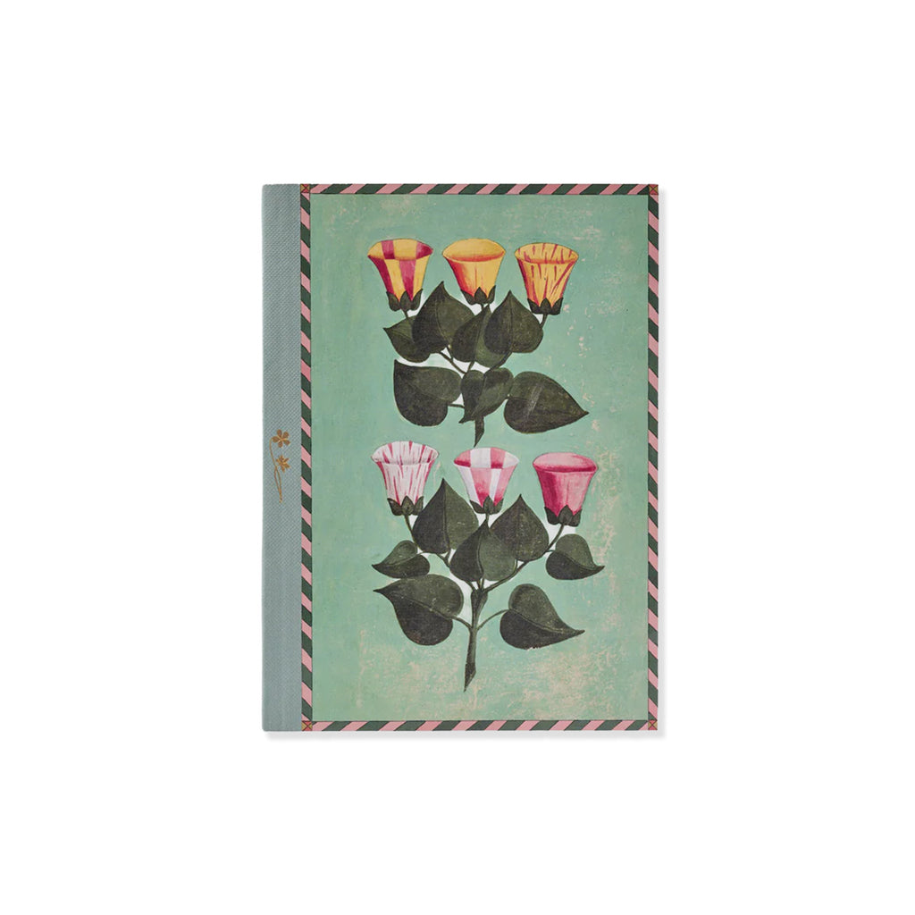 Green A5 journal with flowers artwork on cover in green pink and orange with detailed spine with gold accents on a white background.