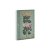 Side profile of green A5 journal with flowers artwork on cover in green pink and orange with detailed spine with gold accents on a white background.