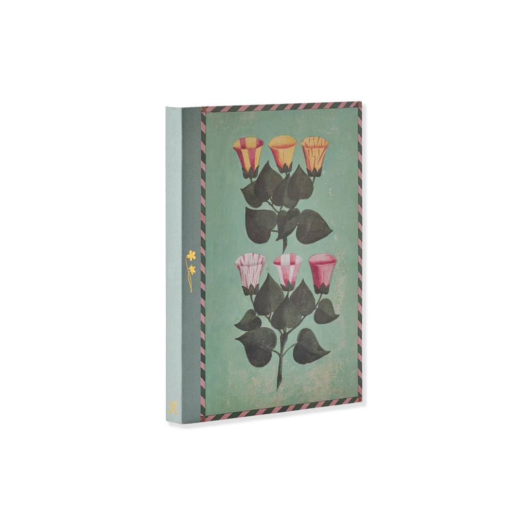 Side profile of green A5 journal with flowers artwork on cover in green pink and orange with detailed spine with gold accents on a white background.