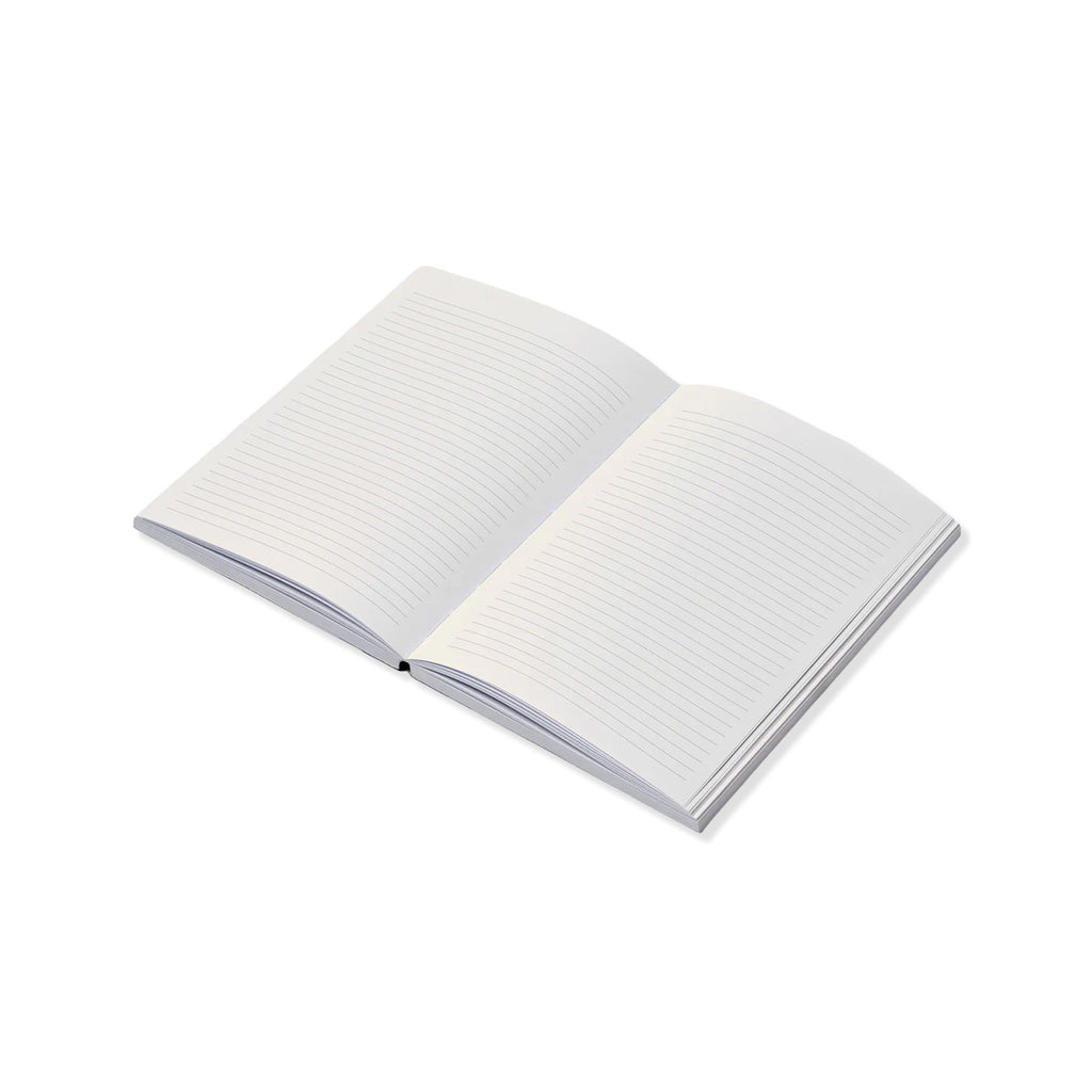 Open journal pages showing lined blank white paper in A5 size on a white background.
