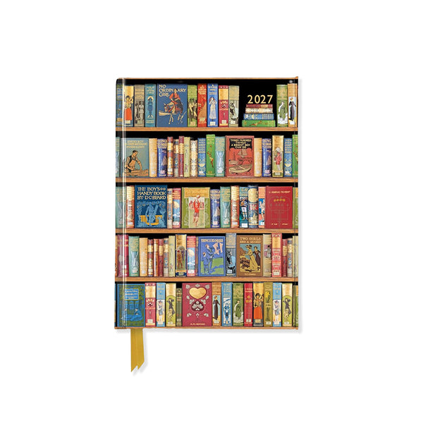2027 diary with bookshelf design featuring various books on a white background