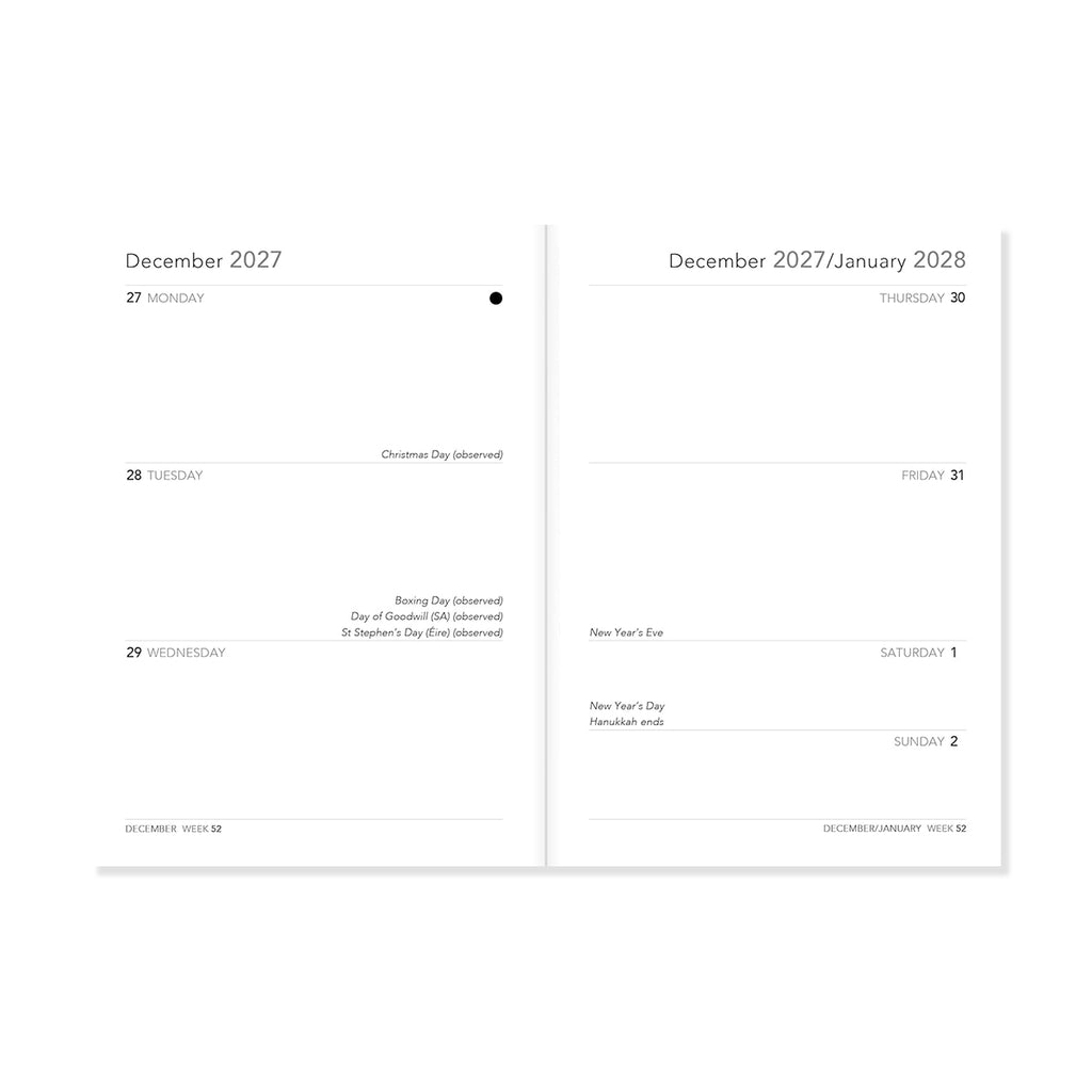 Insert of two diary pages showing December 2027 and January 2028 on a white background.