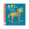 Book cover of 'ABCs of Greek Myths' with a wooden horse illustration on a blue background