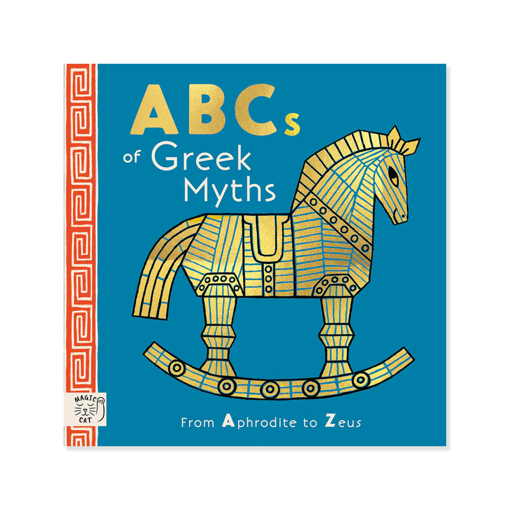 Book cover of 'ABCs of Greek Myths' with a wooden horse illustration on a blue background