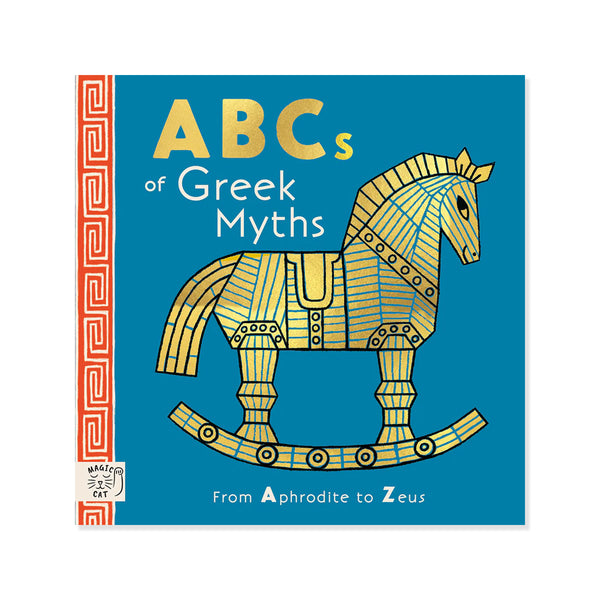 Book cover of 'ABCs of Greek Myths' with a wooden horse illustration on a blue background