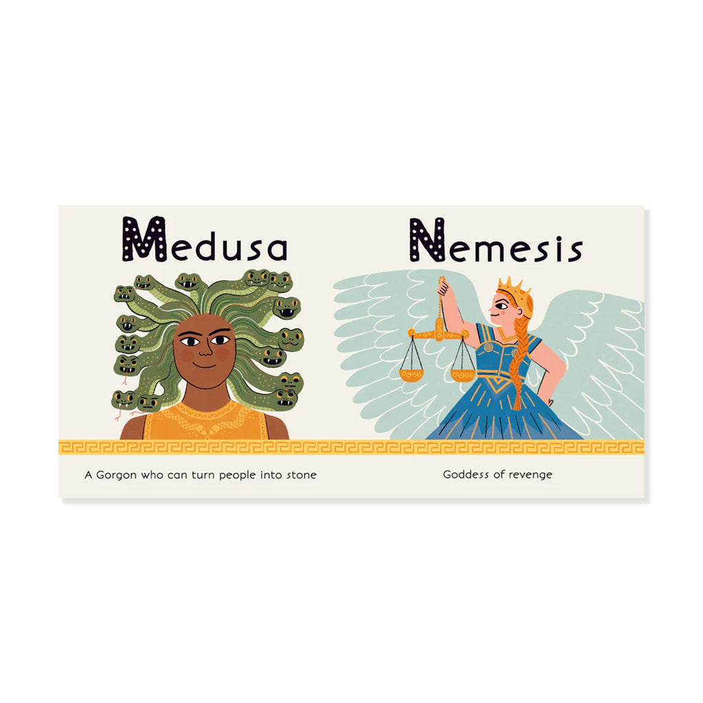 Illustrations of Medusa and Nemesis on a white background