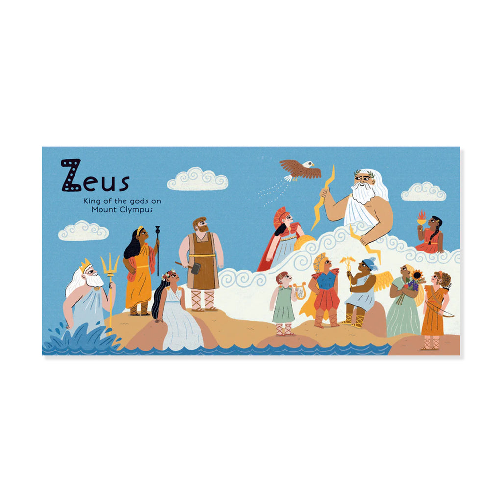 Illustration of Greek gods and children on Mount Olympus with Zeus at the center.