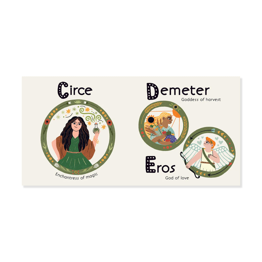 Set of three illustrated cards featuring Circe, Demeter, and Eros on a white background.