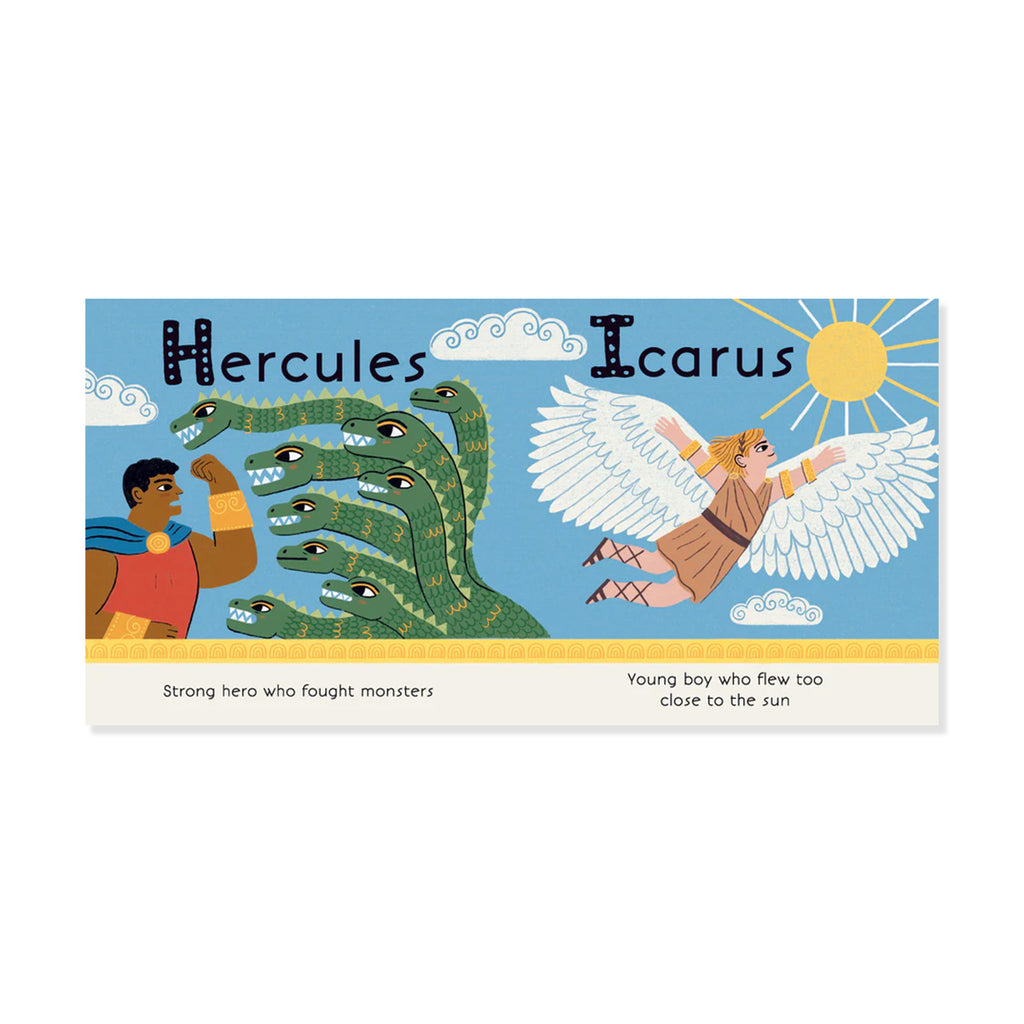 Illustrated book cover with characters Hercules and Icarus on a blue background