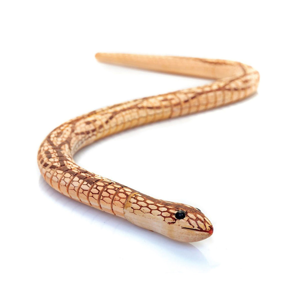 A wooden snake toy with a realistic red and yellow scale pattern, featuring a small black eye on a plain white background.