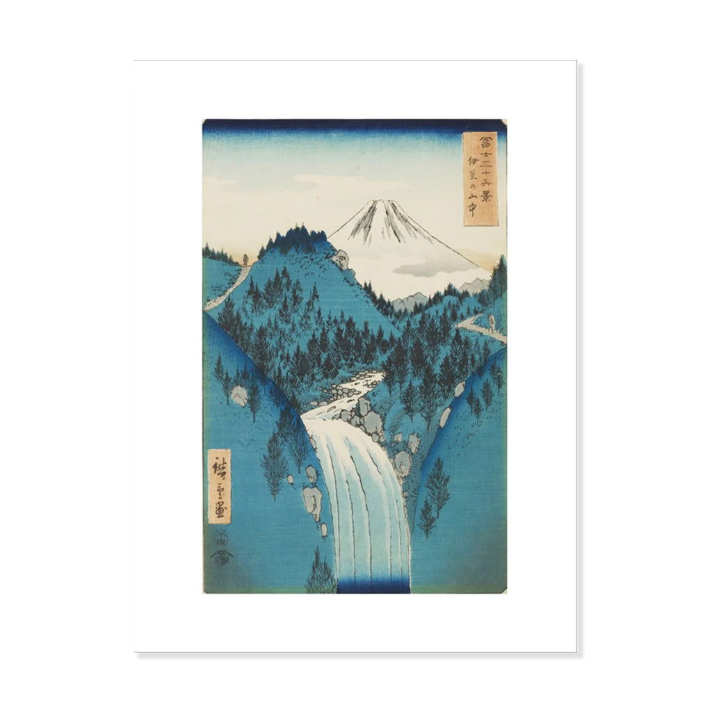 A3 print showing Japanese artwork of mountains and waterfall in blue and white