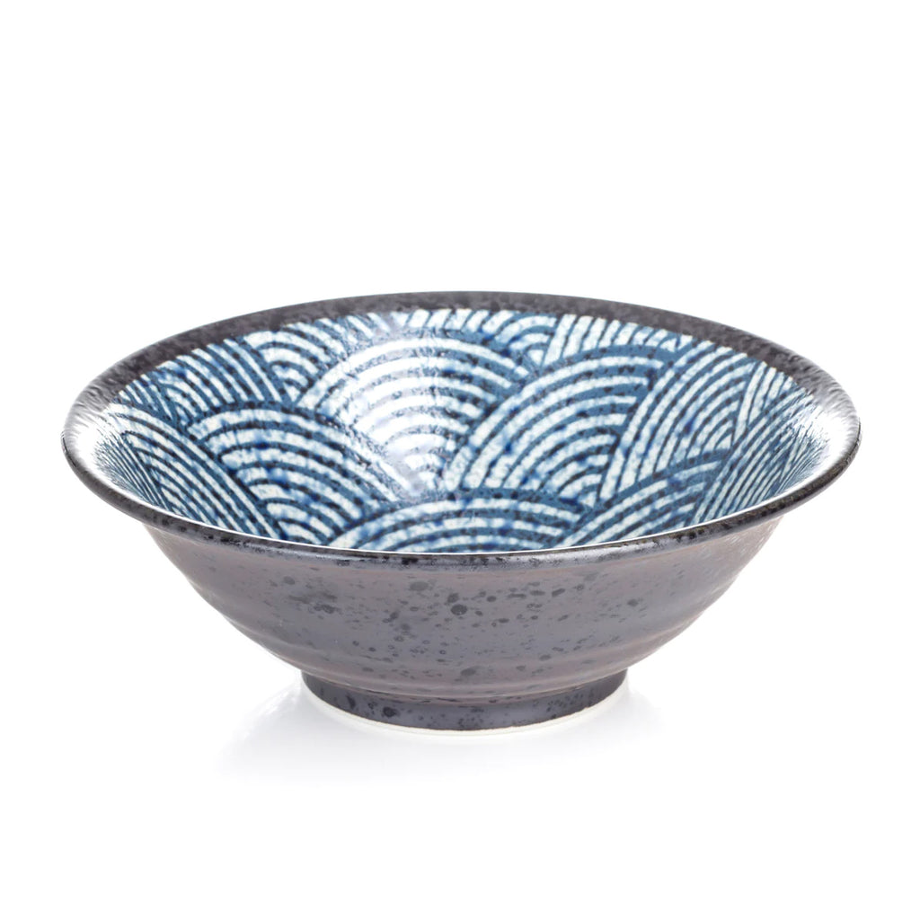The Seikaiha Japanese Ramen Noodle Bowl is an authentic Japanese noodle bowl with a very stylish blue and white design on the inside and a mottled charcoal grey and black on the outside.