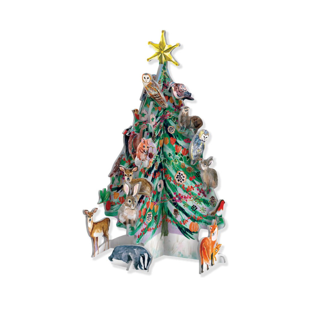 Decorative Christmas tree with woodland animal figurines on a white background
