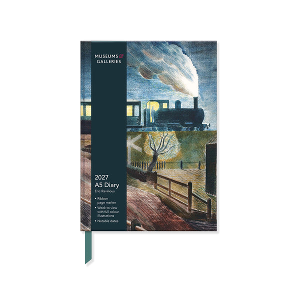 A5 2027 diary cover with a train painting by Eric Ravilious on a white background.
