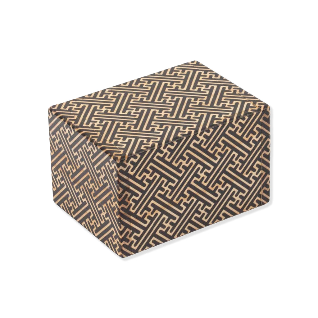 A square decorated wooden puzzle box featuring a brown and beige geometric patterned design, shown on a plain white background.