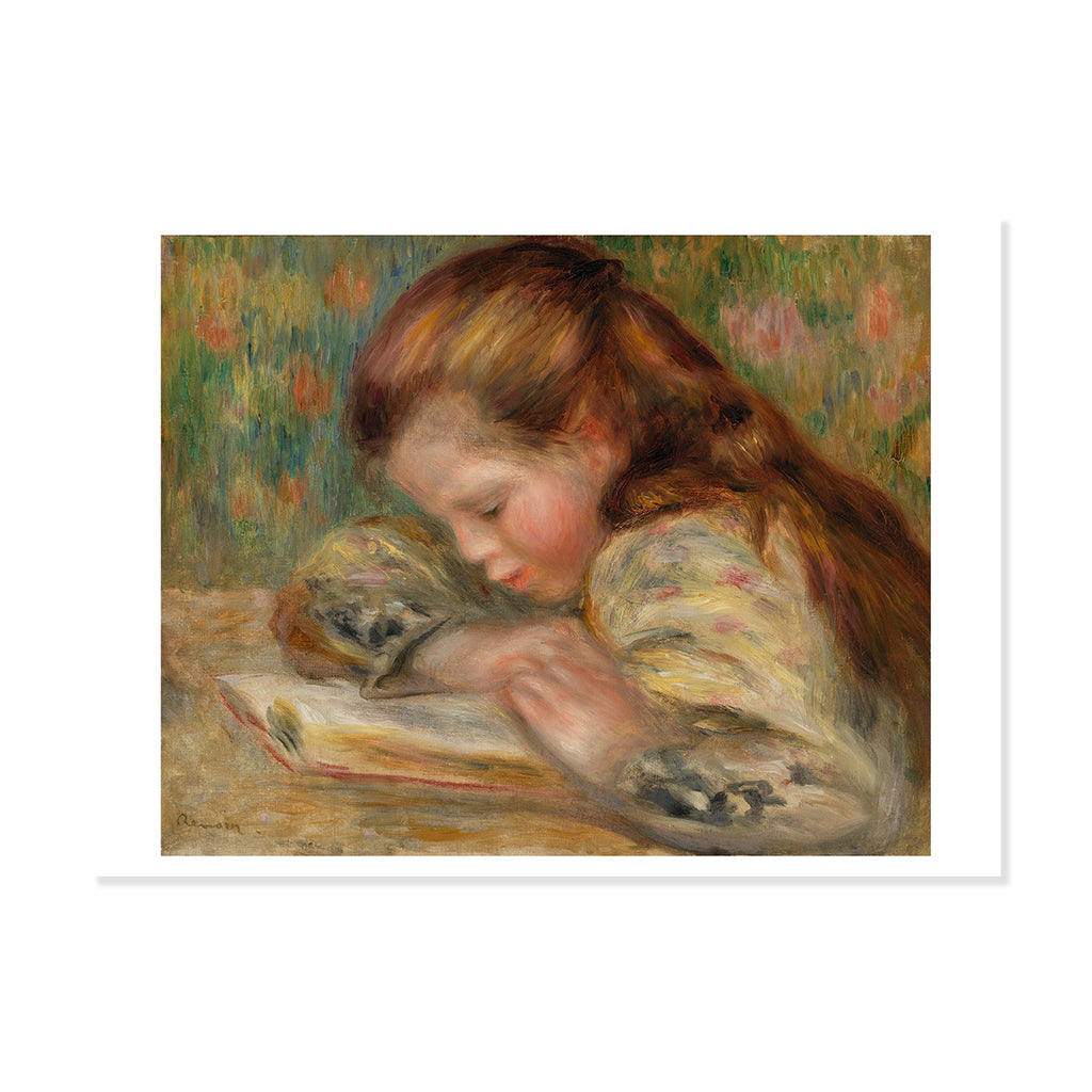 Postcard featuring Impressionist painting of Renoir's 'Child Reading' from the early 1890s showing a small brown haired girl reading at a desk in earthy colours with vivid brushstrokes and delicate facial features on a white background.