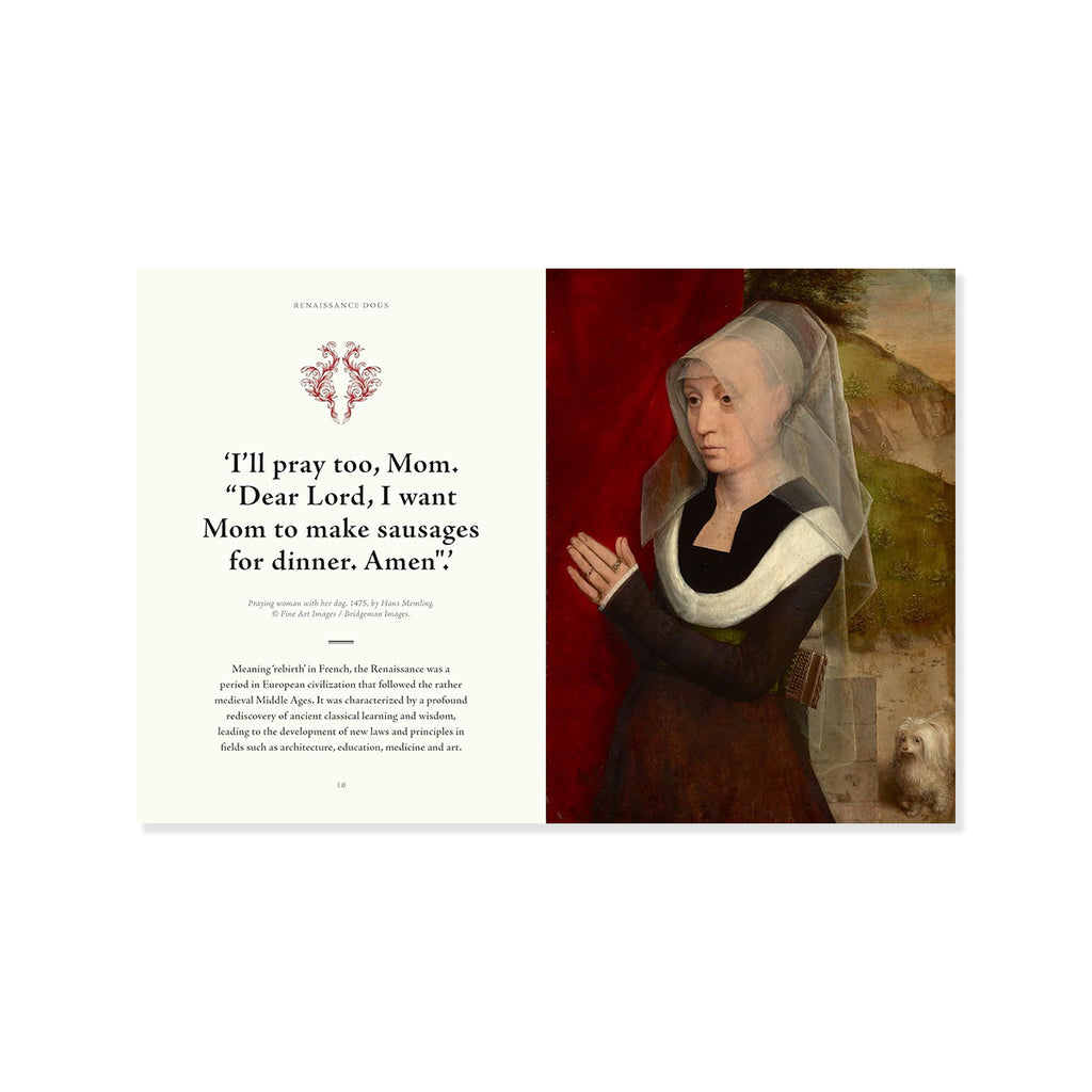 An open book or booklet spread showing a quote on the left page and a reproduction of a Renaissance-style painting on the right page, with cream background and a red garment in the artwork.