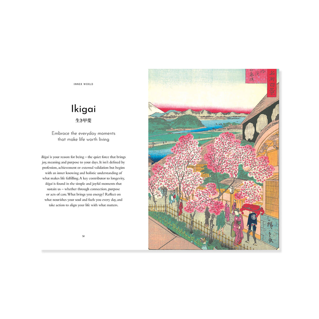 A book or booklet shown open on a white background, with the left page containing the title 'Ikigai' and a short text excerpt, and the right page featuring a vintage-style Japanese illustration of pink cherry blossoms, mountains, and people under red umbrellas.