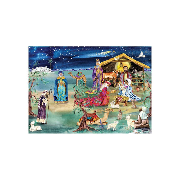The Christmas Story Advent Calendar Card is a beautifully illustrated countdown card celebrating the Nativity. Featuring a heart‑warming scene of Mary, Joseph and baby Jesus in the stable, surrounded by shepherds, wise men and animals