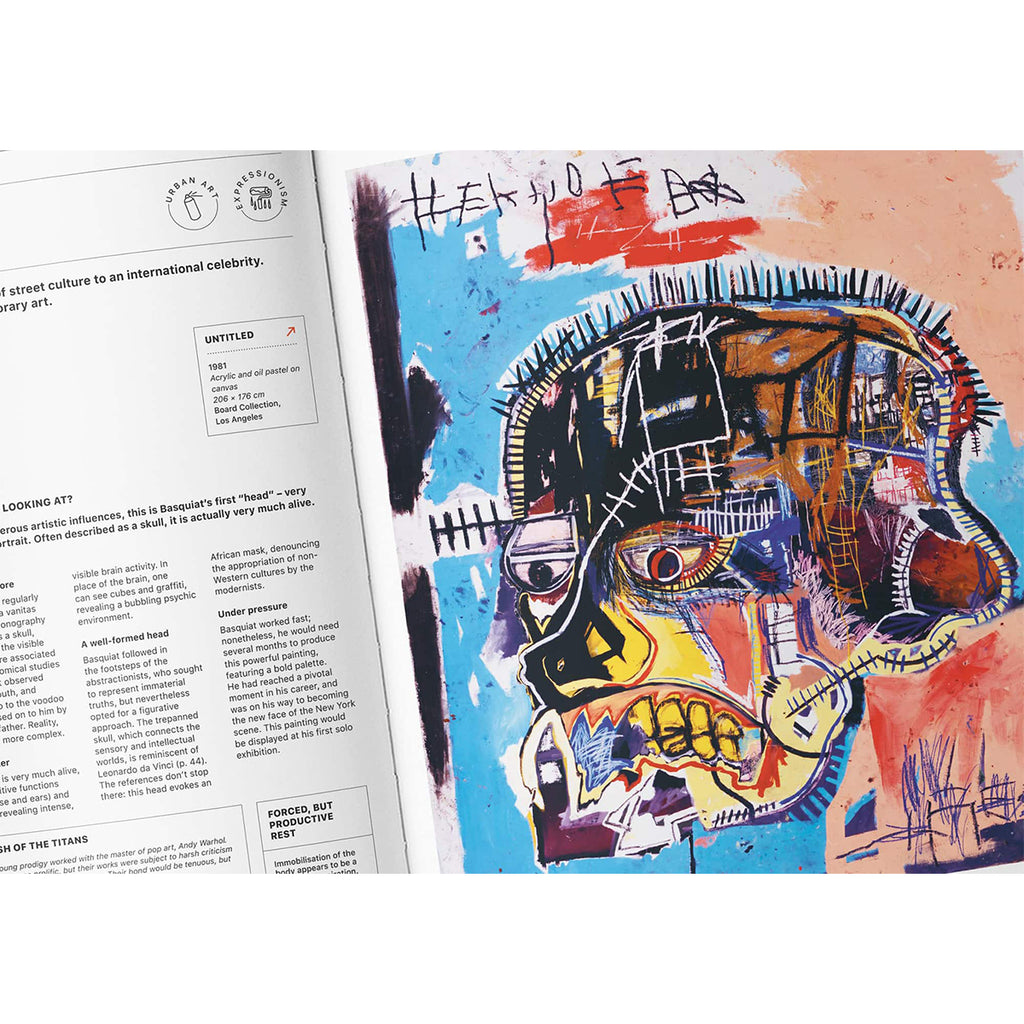 An open art book showing a colourful abstract portrait painting from Jean-Michel Basquiat on the right page and printed text on the left page.