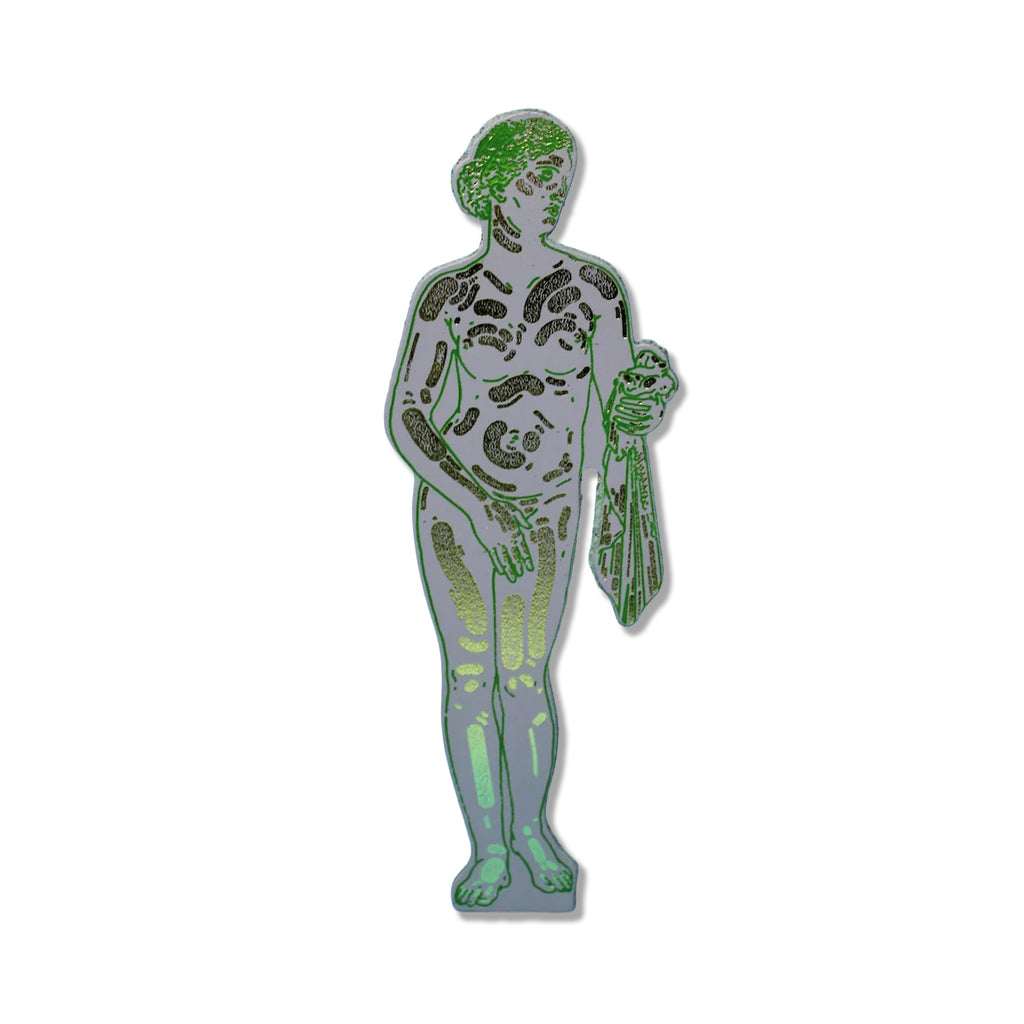 A novelty embossed leather bookmark shaped like the classical statue of Venus, featuring a green and silver holographic foil pattern over a gray base, shown on a plain white background.