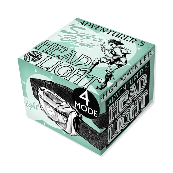 Box for portable head torch with 'ADVENTURER'S Super - Bright HEAD LIGHT' text on a white background.