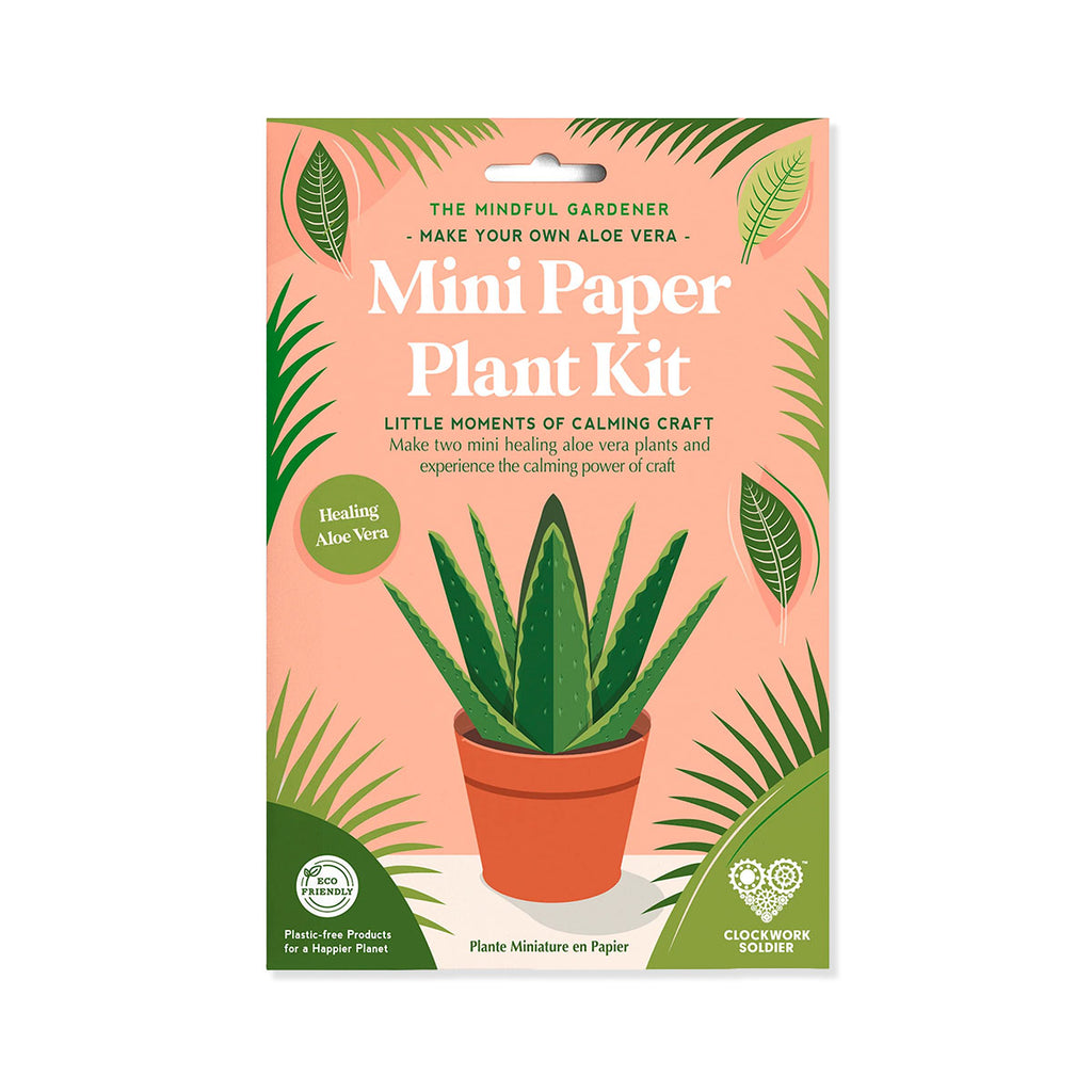 Mini paper plant kit packaging with a potted aloe vera plant illustration on a pink background.