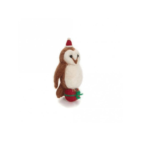 Amica Felt Owl Decoration sitting on christmas present