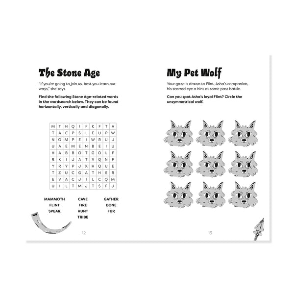 Page inserts from Ancient Adventure book featuring 'The Stone Age' theme with word search and wolf illustrations.