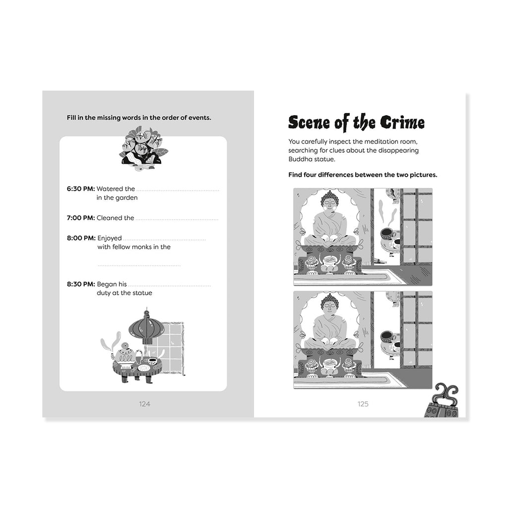 Educational page from a book with illustrations and text about a 'Scene of the Crime' scenario.