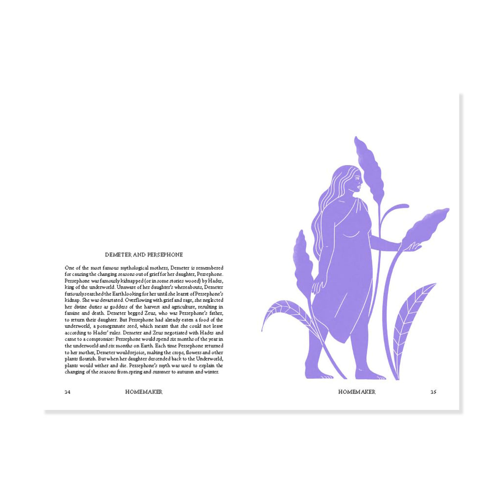 Silhouette illustration of a woman with plants and text 'DEMETER AND PERSEPHONE' on a white background